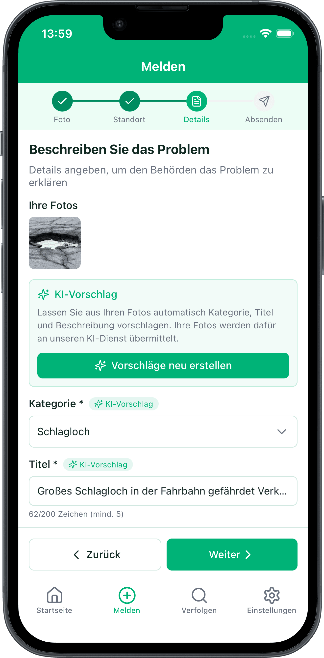Screenshot der Melden App: ein KI-Vorschlag füllt Kategorie, Titel und Beschreibung einer Meldung automatisch aus.